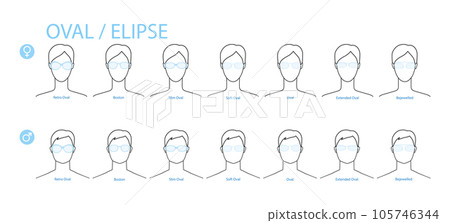 Set of Oval frame glasses fashion accessory illustration. Sunglass front view for Men, women, unisex silhouette style 105746344