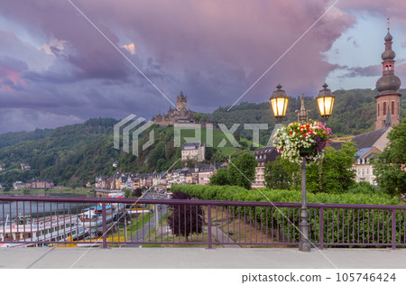 Scenic view of the old fabulous German city of Cochem at dawn. Germany. 105746424