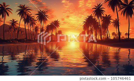 Tropical sunset on the beach with palm trees reflecting in the water, background Tropical sunset on the beach with palm trees reflecting in the water, background 105746461