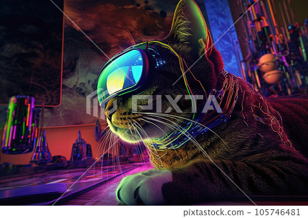 Cat wearing VR headset in futuristic setting, vibrant colors. Virtual reality glasses concept Cat wearing VR headset in futuristic setting, vibrant colors. Virtual reality glasses concept 105746481