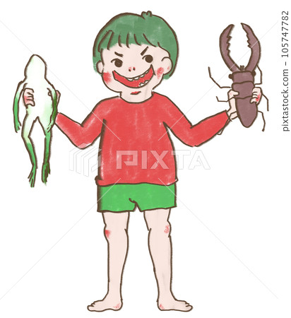 Happy boy catching frogs and stag beetles 105747782