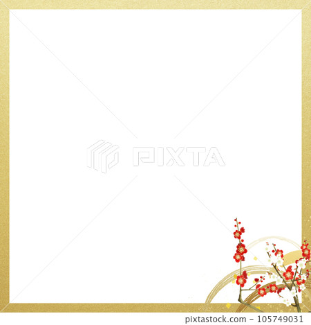 Simple Japanese-style frame of red and white plums and waves 105749031