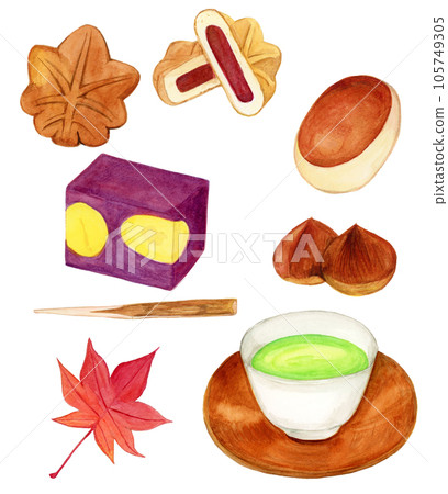 手繪水彩秋季日本甜點和綠茶套裝插畫 105749305