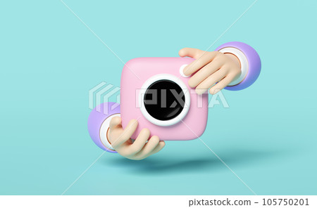 3d hands holding photo camera icon isolated on blue background. minimal concept, 3d render illustration 105750201
