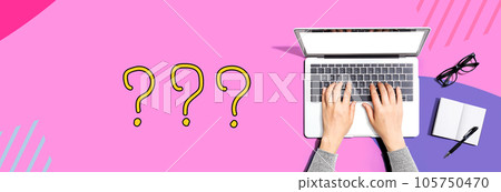 Question marks with person using a laptop Question marks with person using a laptop 105750470