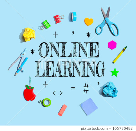 Online Learning theme with school supplies - flat lay 105750492