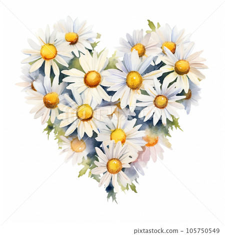 Camomile heart shaped frame hand drawn on white background. Tender watercolor floral illustration of delicate flower heads isolated. Meadow wildflower chamomile painted for photoframes, postcard, logo 105750549