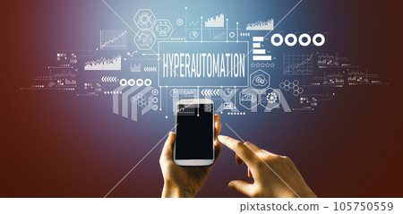 Hyperautomation theme with hand pressing a button 105750559