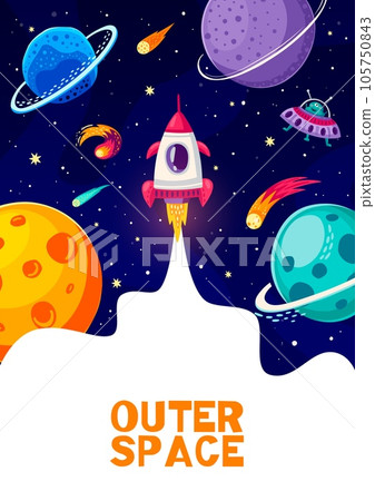 Cartoon space flyer with rocket launch to galaxy planets and alien UFO spaceship, vector background. Rocket start up launch of shuttle spaceship to starry sky for outer space and galaxy exploration Cartoon space flyer with rocket launch to galaxy planets and alien UFO spaceship, vector background. Rocket start up launch of shuttle spaceship to starry sky for outer space and galaxy exploration 105750843