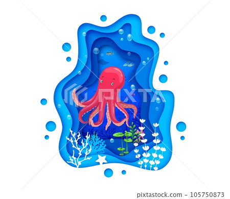 Cartoon octopus character and sea paper cut landscape with underwater seaweeds. Vector personage of cute ocean water animal in 3d frame with blue wavy papercut layers, fish shoals, starfish, bubbles 105750873