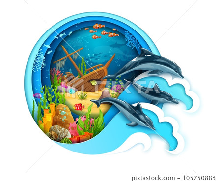 Sunken ship and dolphins on paper cut sea underwater landscape vector background. Cartoon ocean coral reef with fish, marine animal and shipwreck in 3d layered round frame with papercut water waves 105750883