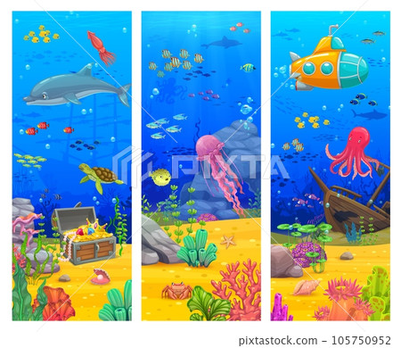 Cartoon underwater landscape banners with sea fishes and ocean animals, vector undersea background. Dolphin, turtle and jellyfish, sunken ship or submarine bathyscaphe and treasure chest in underwater 105750952