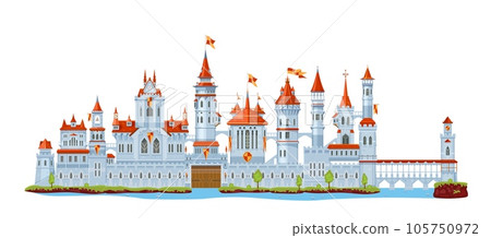 Medieval fortress castle wall and palace, gate, tower and turret, bridge and fort, vector ancient architecture. Cartoon fortified house of fairy princess or king, royal fortress, castle and palace 105750972