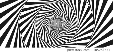 Radial optical illusion background. Black and white abstract lines in circles. Poster, banner, template design. Spinning rotating spiral or vortex illusion wallpaper. Vector horizontal opt art surface 105751445