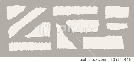 Set of torn paper pieces. Beige shapes with jagged edges. Ripped different fragments collection. Textured grunge element bundle for collage, text box, banner, sticker, poster. Vector illustration 105751446