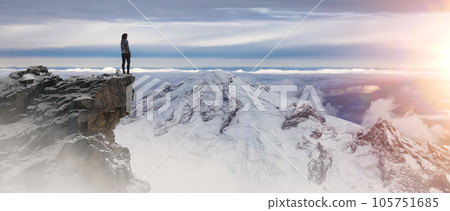 Epic Adventure Composite of woman Hiker on top of a rocky mountain. Epic Adventure Composite of woman Hiker on top of a rocky mountain. 105751685