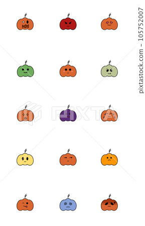 Cartoon Halloween icon set vector. pumpkin show different faces and emotions such as love, angry, surprise, happy, sad, thoughtful, excited, stick out tongue in white background. Vector illustration. 105752007
