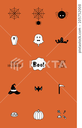 Cartoon Halloween icon set vector. pumpkin, ghost, bat, graves, spider, coffin, Boo, bat, cake, candy, witch hat and trick or treat in orange background. Vector illustration. Cartoon Halloween icon set vector. pumpkin, ghost, bat, graves, spider, coffin, Boo, bat, cake, candy, witch hat and trick or treat in orange background. Vector illustration. 105752008