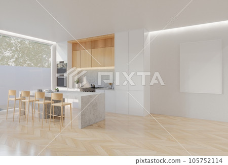 Animated Minimal wooden kitchen and dining table. 3D illustration rendering Animated Minimal wooden kitchen and dining table. 3D illustration rendering 105752114