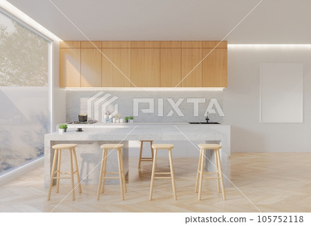 Animated Minimal wooden kitchen and dining table. 3D illustration rendering Animated Minimal wooden kitchen and dining table. 3D illustration rendering 105752118