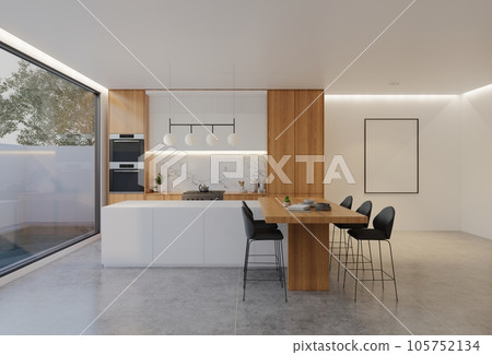 Animated Minimal wooden kitchen and dining table. 3D illustration rendering 105752134