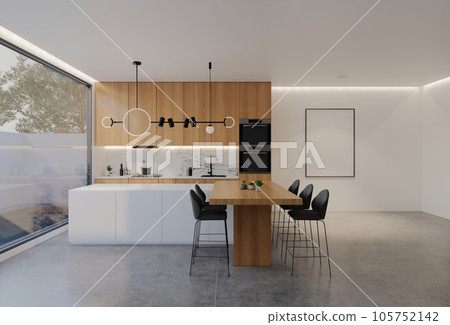 Animated Minimal wooden kitchen and dining table. 3D illustration rendering Animated Minimal wooden kitchen and dining table. 3D illustration rendering 105752142