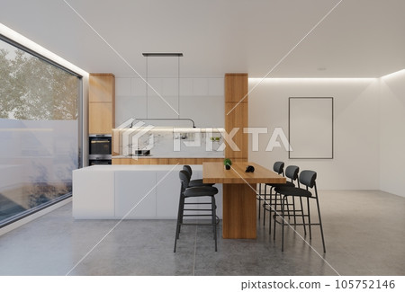 Animated Minimal wooden kitchen and dining table. 3D illustration rendering Animated Minimal wooden kitchen and dining table. 3D illustration rendering 105752146