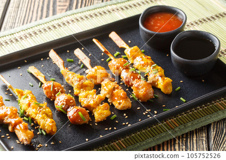 Set of various Japanese yakitori skewers served with two sauces close-up on a plate. Horizontal Set of various Japanese yakitori skewers served with two sauces close-up on a plate. Horizontal 105752526