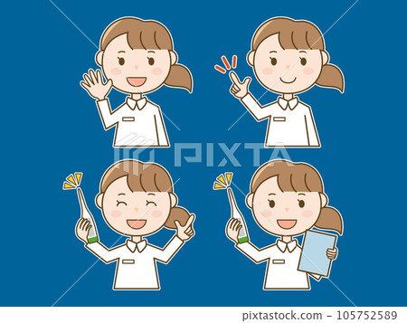 Temperature measurement _ Greeting _ Nurse with pointing pose _ White coat female 4 pose set _ With white border Temperature measurement _ Greeting _ Nurse with pointing pose _ White coat female 4 pose set _ With white border 105752589