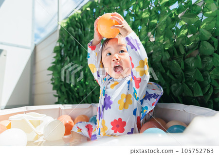 1-year-old's pool debut Playing in the pool at home 1-year-old's pool debut Playing in the pool at home 105752763