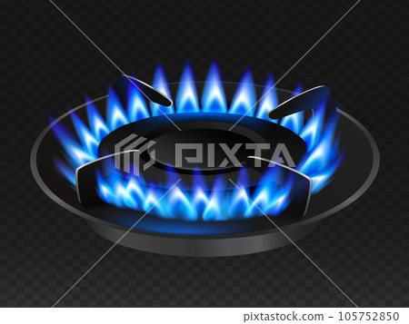 Gas stove with a blue flame is on at full power. 105752850