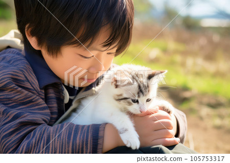 boy hugging a cat 105753317