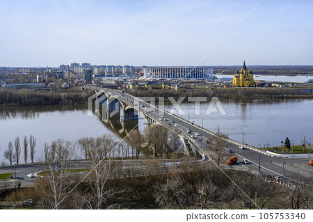 Alexander Nevsky Cathedral, Kanavinsky Bridge and modern buildings in Nizhny Novgorod, Russia 105753340