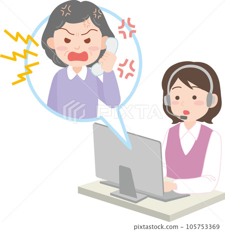 Call center work _ customer consultation _ complaint response _ angry elderly woman Call center work _ customer consultation _ complaint response _ angry elderly woman 105753369