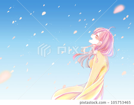 Woman laughing happily, falling cherry blossoms, blue sky, landscape 105753465