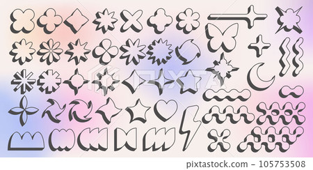 Abstract geometric elements for design. Neobrutalism graphic shapes. Minimal groovy Y2k retro stickers. Set of retro labels. Simple vector flowers, butterfly and stars. Abstract geometric elements for design. Neobrutalism graphic shapes. Minimal groovy Y2k retro stickers. Set of retro labels. Simple vector flowers, butterfly and stars. 105753508