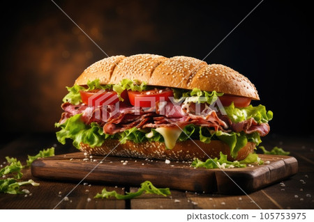 Sandwich with prosciutto, tomato and cheese on a wooden rustic background. Sandwich with prosciutto, tomato and cheese on a wooden rustic background. 105753975