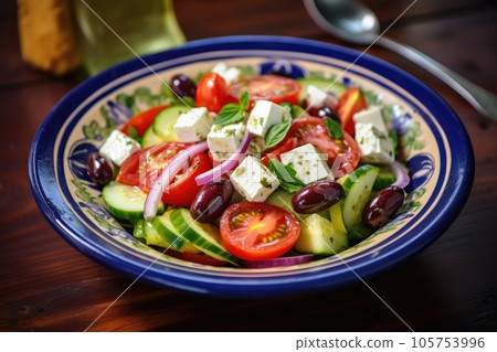 Greek salad with feta cheese and olive oil on plate. Greek healthy food Greek salad with feta cheese and olive oil on plate. Greek healthy food 105753996