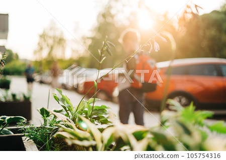 Back to school. Cute child with backpack going to school. Boy pupil with bag. Elementary school student going to classes. Kid walking outdoors on the city street after class. Back view. 105754316