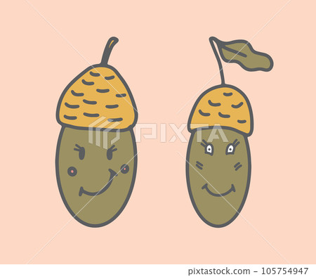 Cute acorn vector illustration set. Hand drawn groovy autumn elements with eyes and smile. Trendy positive trippy fall character design isolated on muted pink background. Retro 70s good vibes graphic 105754947