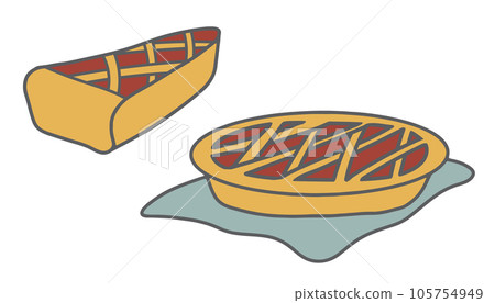 Doodle pie vector set. Hand drawn round lattice pie and slice of pie with red berry jam filling isolated on white background. Tasty sweet dessert food illustration. Home baking and cooking recipe 105754949