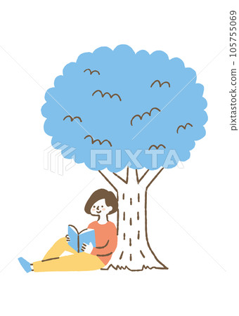 A woman reading while leaning on a tree_color A woman reading while leaning on a tree_color 105755069