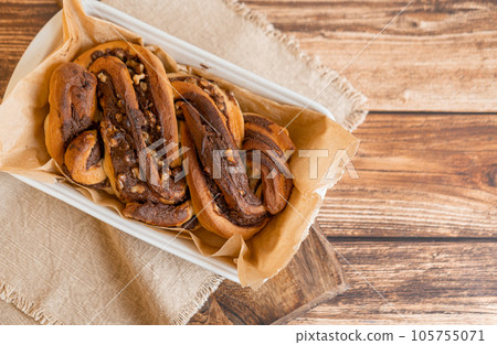 Freshly baked Chocolate babka, top view. Freshly baked Chocolate babka, top view. 105755071