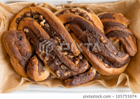 Freshly baked Chocolate babka, top view. Freshly baked Chocolate babka, top view. 105755074
