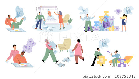 People during mental therapy sessions with psychotherapists or psychologists practicing different psychotherapy approaches. Psychotherapist has Individual session patient and sees positive results 105755315