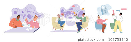 People during mental therapy sessions with psychotherapists or psychologists practicing different psychotherapy approaches. Psychotherapist has Individual session patient and sees positive results 105755340