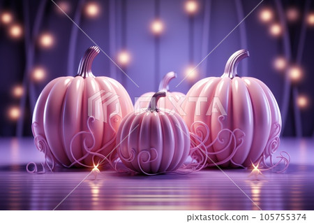 3d render luminance neon light pumpkins in pastel purple room. 105755374