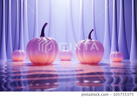 3d render luminance neon light pumpkins in pastel purple room. 105755375