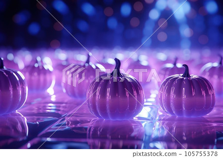 3d render luminance neon light pumpkins in pastel purple room. 105755378