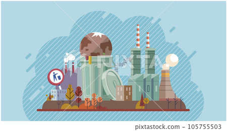 Industries that create pollution and cities that affected by pollution. Metaphor climate change, global warming and water crisis. Save the planet symbols. Environmental problem. Fire and oil pollution 105755503